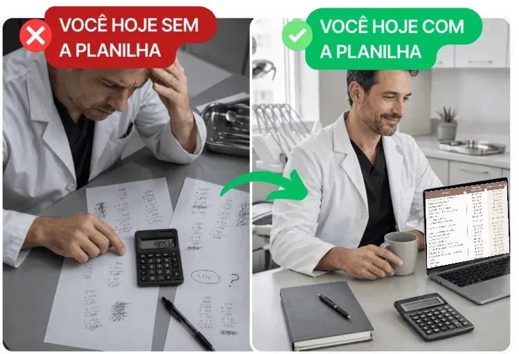 Antes e depois: dentista estressado fazendo conta de cabeça versus dentista tranquilo usando a Planilha da Faceta